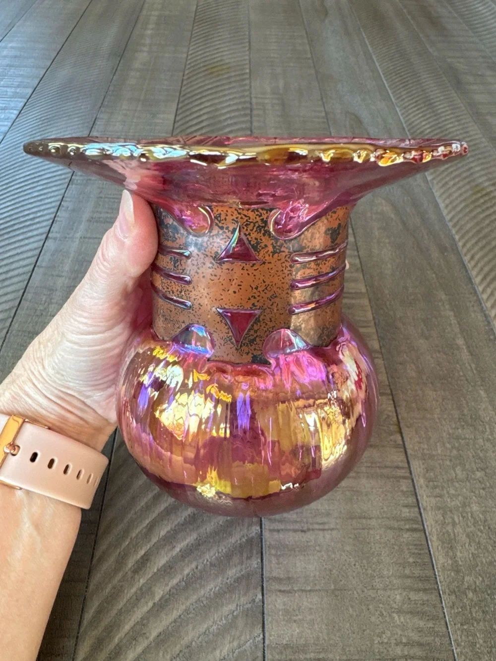 Vintage Silvestri Mouth-Blown Iridescent Pink/Purple Glass Vase W/Cage Neck Ring